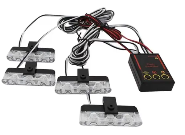 Set 4 lumini LED de avertizare rosu albastru pentru grila functii stroboscop 36W 12V