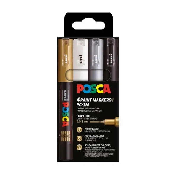 Set 4 markere UNI Posca PC-1M, varf rotund 0.7 mm , negru, argintiu, auriu, alb
