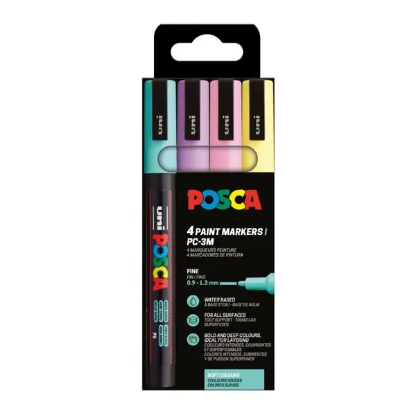 Set 4 markere UNI Posca PC-3M, varf rotund 0.9, 1.3 mm , culori pastel