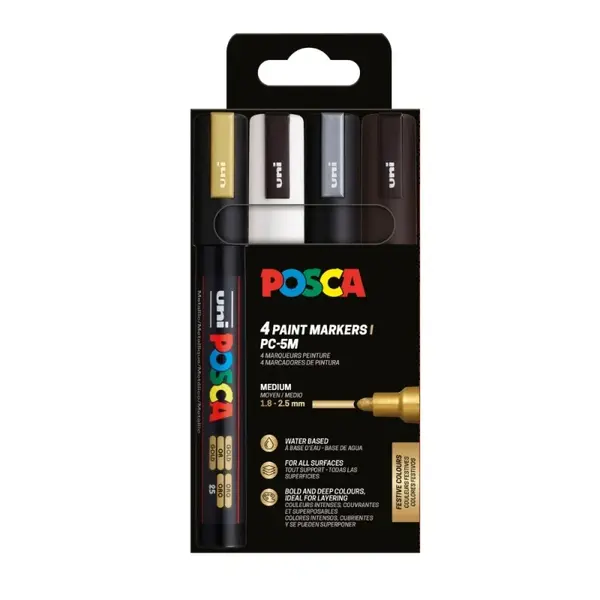 Set 4 markere UNI Posca PC-5M, varf rotund 1.8, 2.5 mm , negru, argintiu, auriu, alb