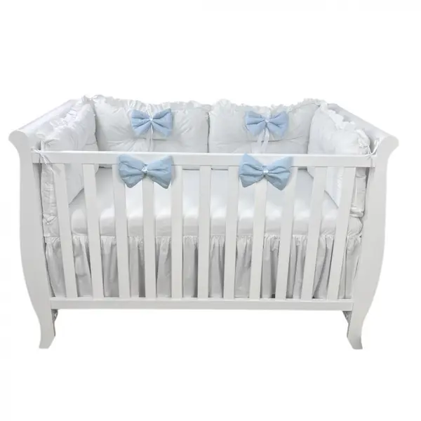 Set 4 perne aparatori super groase albe + cearsaf cu volanas si fundite 140x70 cm albastru pal