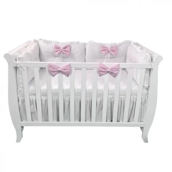 Set 4 perne aparatori super groase albe + cearsaf cu volanas si fundite 120x60 cm roz pal