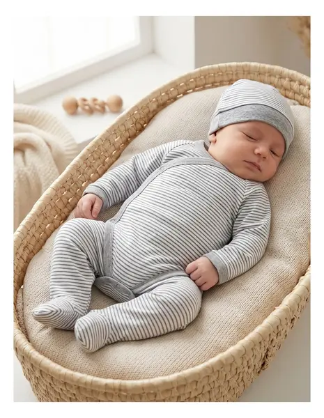 Set 4 piese bebe, cu dungute, albastru-gri