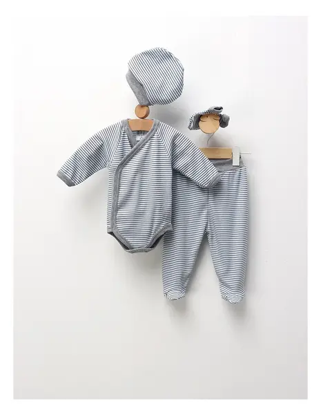 Set 4 piese bebe, cu dungute, albastru-gri