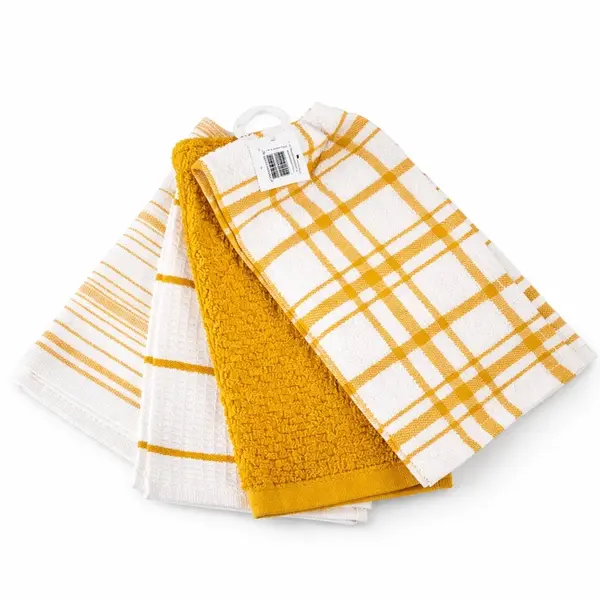 Set 4 prosoape mici pt Bucatarie, 30x55cm, din 100% bumbac pakistanez, 350g, Line, Alb-Galben