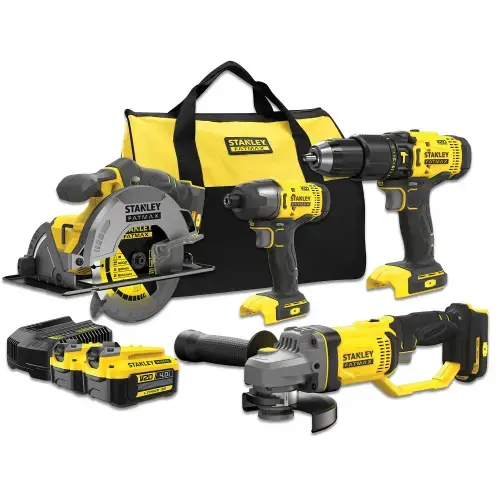 Set 4 scule profesionale STANLEY FatMax SFMCK469M2, 18V V20, brushless, masina de gaurit cu percutie SFMCD711, masina de insurubat SFMCF800, polizor unghiular SFMCG400, fierastrau circular SFMCS500, 2x acumulator Li-Ion 4 Ah, geanta material textil