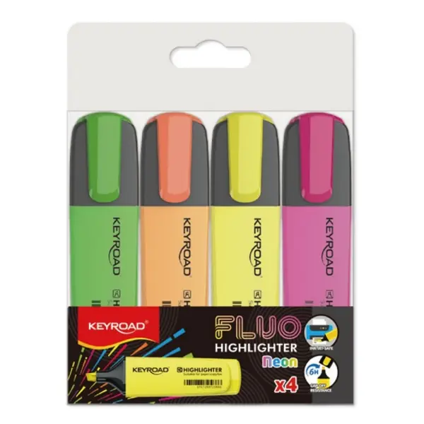 Set 4 textmarkere fluorescente Keyroad, varf tesit, culori neon (galben, verde, orange, roz)