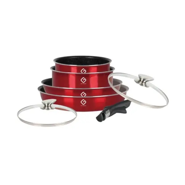 Set 4 Vase din Aluminiu cu 2 Capace si Maner Detasabil, Rosii, Compatibile cu Plita cu Inductie, Grunberg