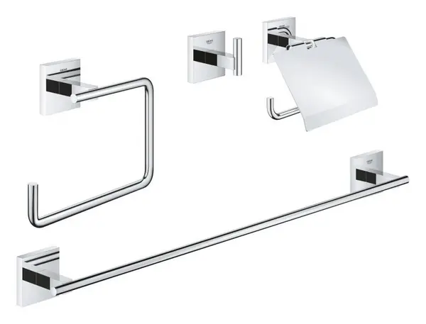 Set 4in1 accesorii Grohe Start Cube 41115000, bara, agatatoare, suport hartie igienica, montare pe perete, Crom