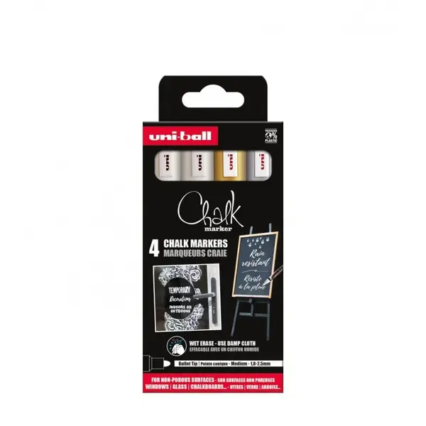 Set 4x Markere cu creta lichida UNI Chalk PWE-5M ASSF46, 1.8, 2.5 mm (alb, auriu, argintiu)