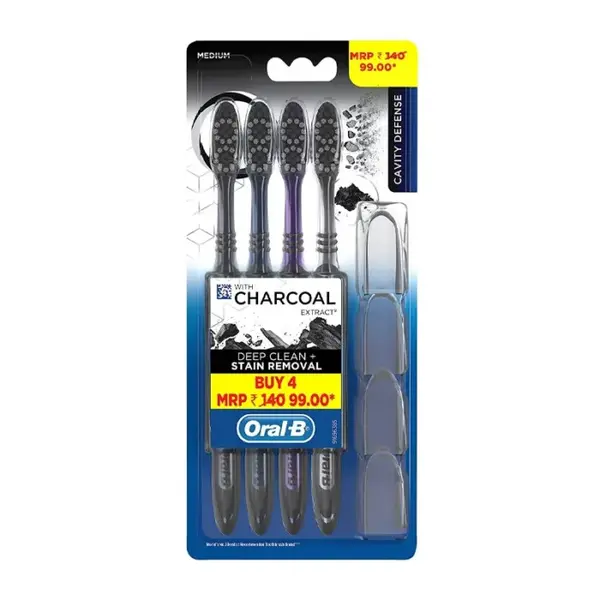 Set 4x Periute de Dinti cu Capace, Oral-B, Cavity Defense, cu Carbune Activ, Efect Albirea Dintilor, Soft