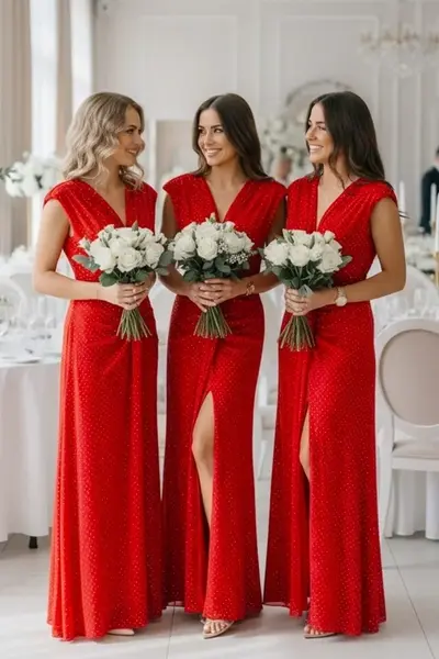 Set 4x Rochie de ocazie decoltata JHOSY, cu paiete, Rosu, Marime S/M