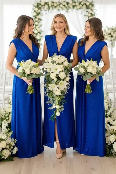 Set 4x Rochie lunga de seara JHOSY, din colectia domnisoare de onoare, Albastru Royal, Marime S/M