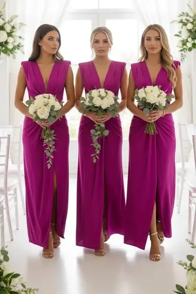 Set 4x Rochie lunga satinata Ilaria, cu croiala conica, Fucsia, Marime S/M