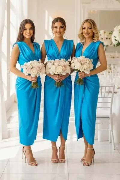 Set 4x Rochie lunga satinata Ilaria, cu decolteu adanc, Albastru baby blue, Marime S/M