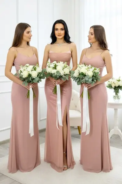 Set 4x Rochie lunga satinata MaryVelle, cu corset, Roz pudrat, Marime S/M