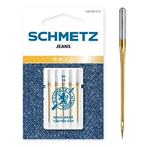 Set 5 ace de cusut, Gold Jeans, finete 90, Schmetz 130/705 H-JT VDS