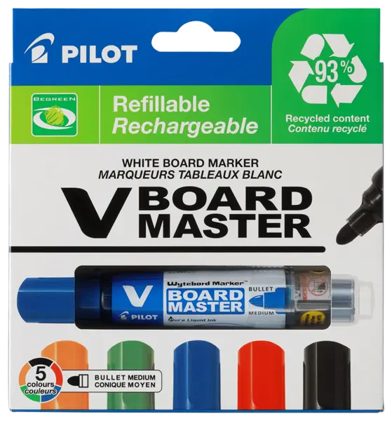 Set 5 markere pentru tabla Pilot Vboard Master 2.3 mm varf rotund Set 5 markere pentru tabla Vboard Master Pilot 2.3 mm varf rotund