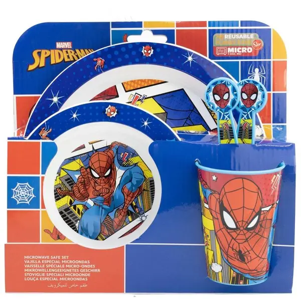 Set 5 piese pentru servit masa, plastic, fara BPA, multicolor, utilizabil la microunde, Midnight Flyer, Spiderman Engros