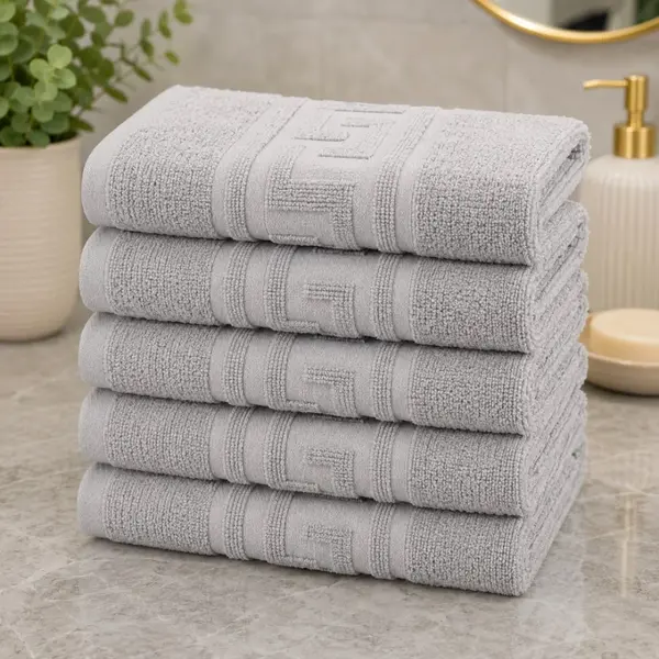 Set 5 prosoape mari, Greek Border, 50x90cm, din 100% bumbac pakistanez, 500g, Gri