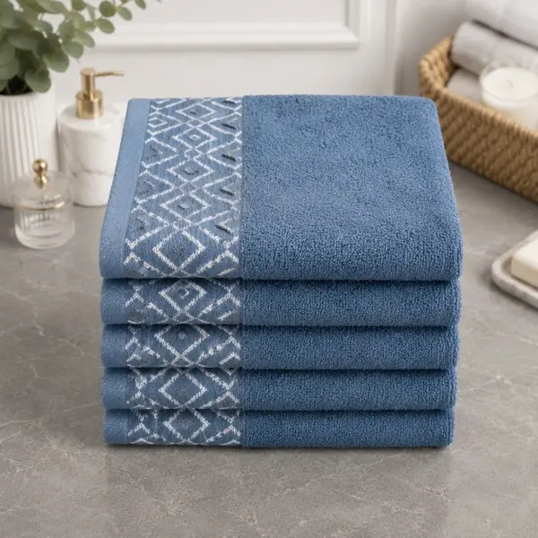 Set 5 prosoape medii, Diamond, 50x90cm, din 100% bumbac pakistanez, 460g, Albastru