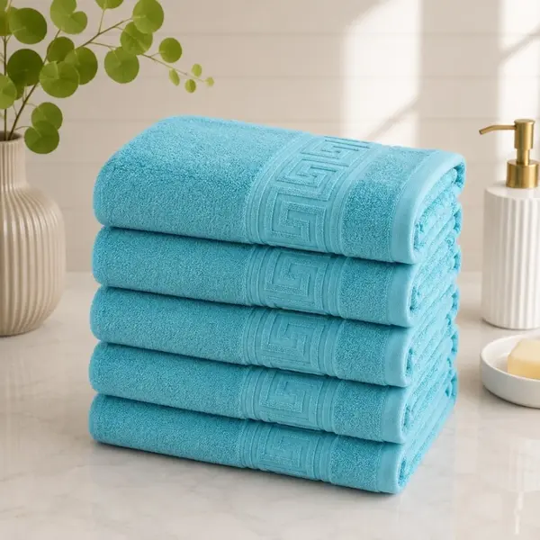 Set 5 prosoape medii, Greek Border, 50x90cm, din 100% bumbac pakistanez, 480g, Bleu