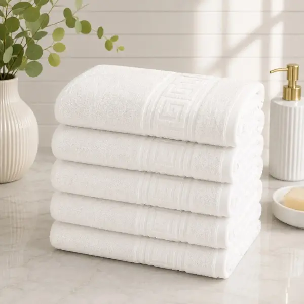 Set 5 prosoape medii, Greek Border, 50x90cm, din 100% bumbac pakistanez, 480g, Alb