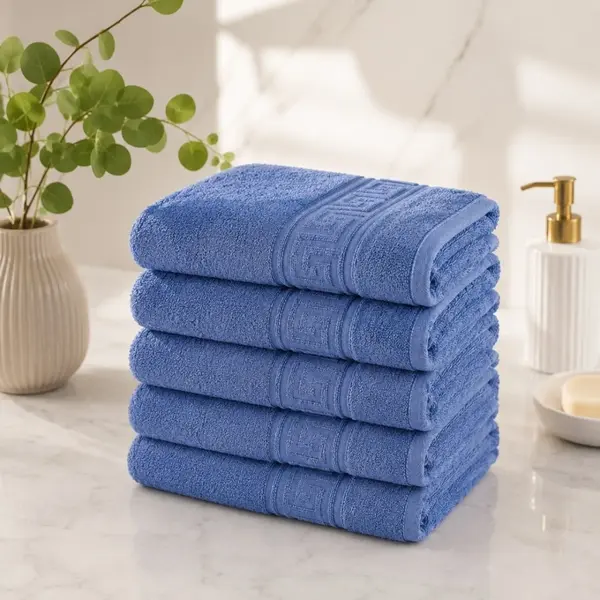 Set 5 prosoape medii, Greek Border, 50x90cm, din 100% bumbac pakistanez, 480g, Albastru