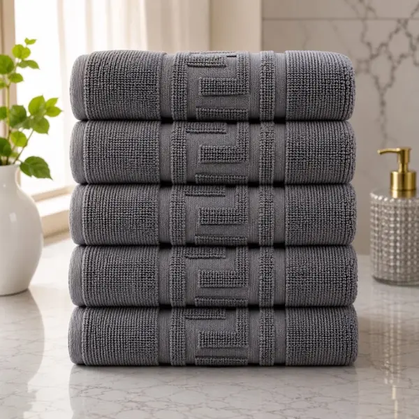 Set 5 prosoape medii, Greek Border, 50x90cm, din 100% bumbac pakistanez, 480g, Gri inchis