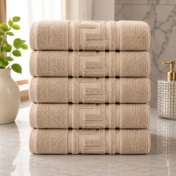 Set 5 prosoape medii, Greek Border, 50x90cm, din 100% bumbac pakistanez, 480g, Bej