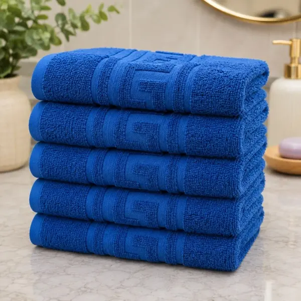 Set 5 prosoape medii, Greek Border, 50x90cm, din 100% bumbac pakistanez, 380g, Albastru