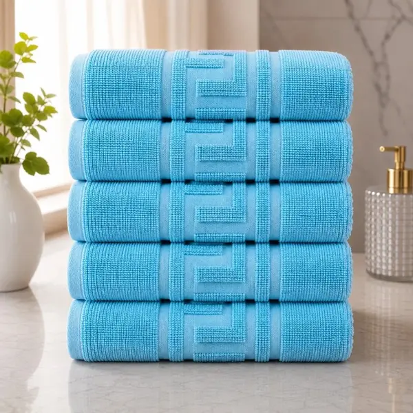 Set 5 prosoape medii, Greek Border, 50x90cm, din 100% bumbac pakistanez, 480g, Bleu