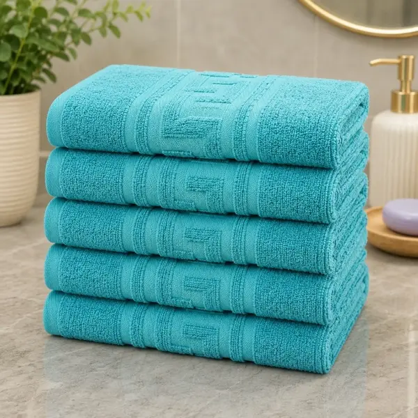 Set 5 prosoape medii, Greek Border, 50x90cm, din 100% bumbac pakistanez, 380g, Bleu