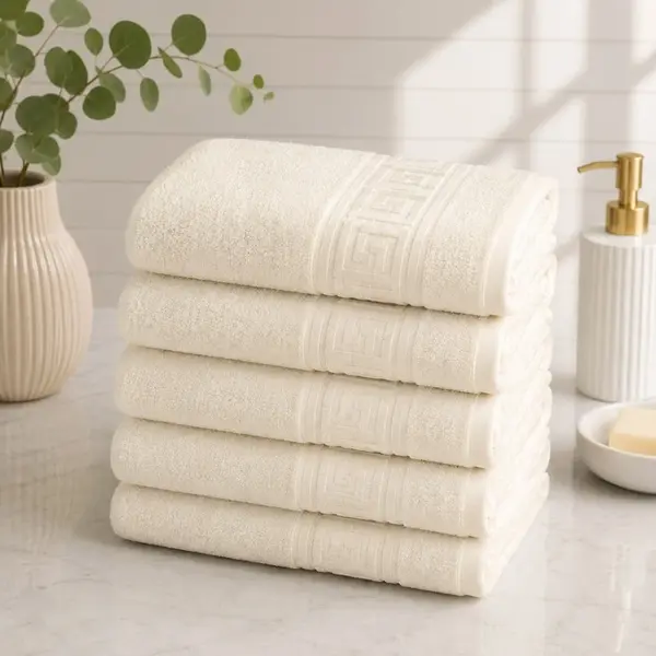Set 5 prosoape medii, Greek Border, 50x90cm, din 100% bumbac pakistanez, 480g, Alb Unt