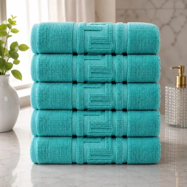 Set 5 prosoape medii, Greek Border, 50x90cm, din 100% bumbac pakistanez, 480g, Turquoise
