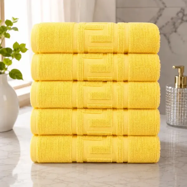 Set 5 prosoape medii, Greek Border, 50x90cm, din 100% bumbac pakistanez, 480g, Galben
