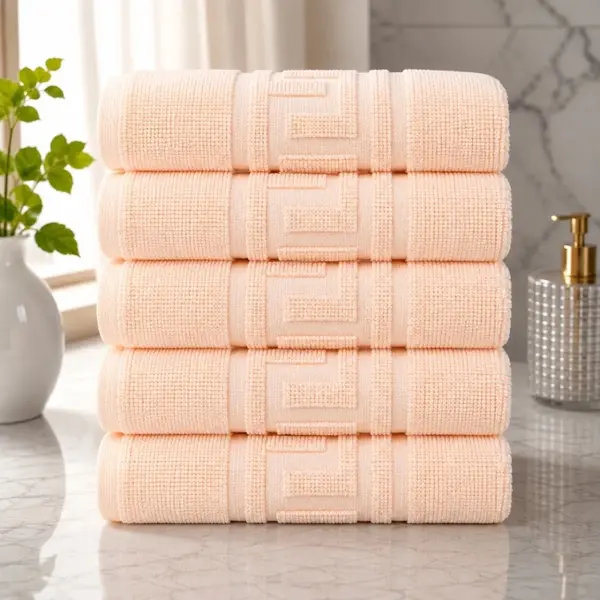 Set 5 prosoape medii, Greek Border, 50x90cm, din 100% bumbac pakistanez, 480g, Piersica deschis