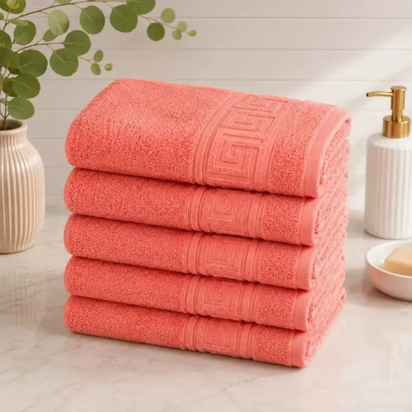 Set 5 prosoape medii, Greek Border, 50x90cm, din 100% bumbac pakistanez, 480g, Corai