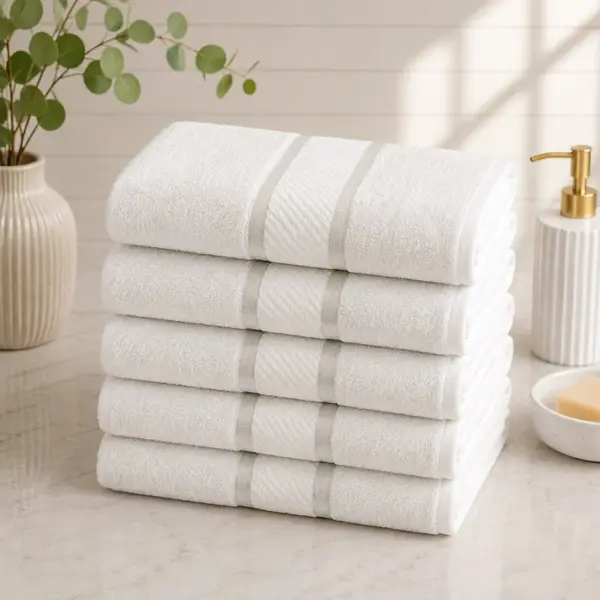 Set 5 prosoape medii, Line, 50x90cm, din 100% bumbac pakistanez, 400g, Alb