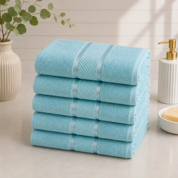 Set 5 prosoape medii, Line, 50x90cm, din 100% bumbac pakistanez, 400g, Bleu