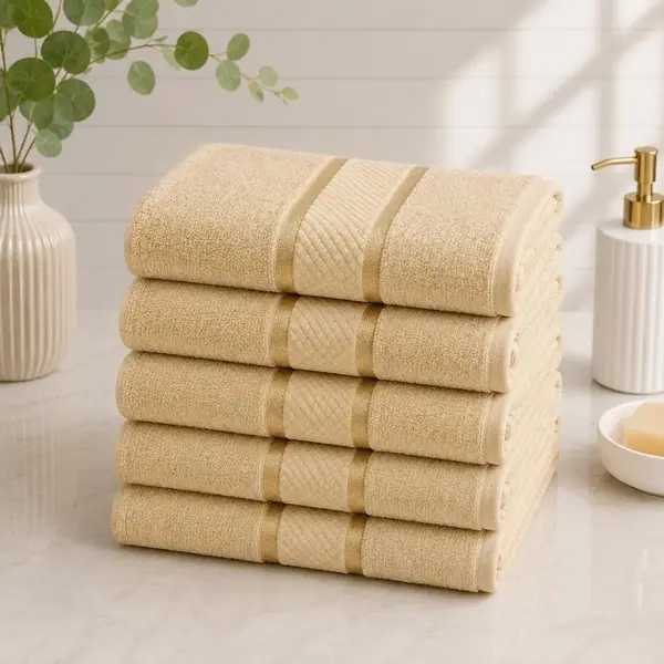 Set 5 prosoape medii, Line, 50x90cm, din 100% bumbac pakistanez, 400g, Bej