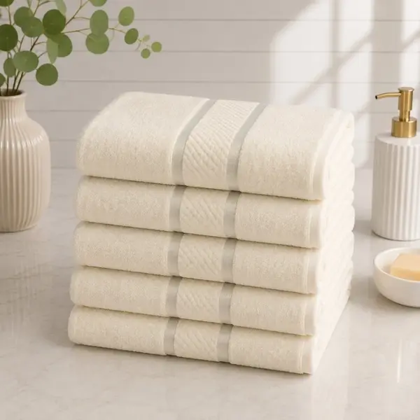 Set 5 prosoape medii, Line, 50x90cm, din 100% bumbac pakistanez, 400g, Alb Unt