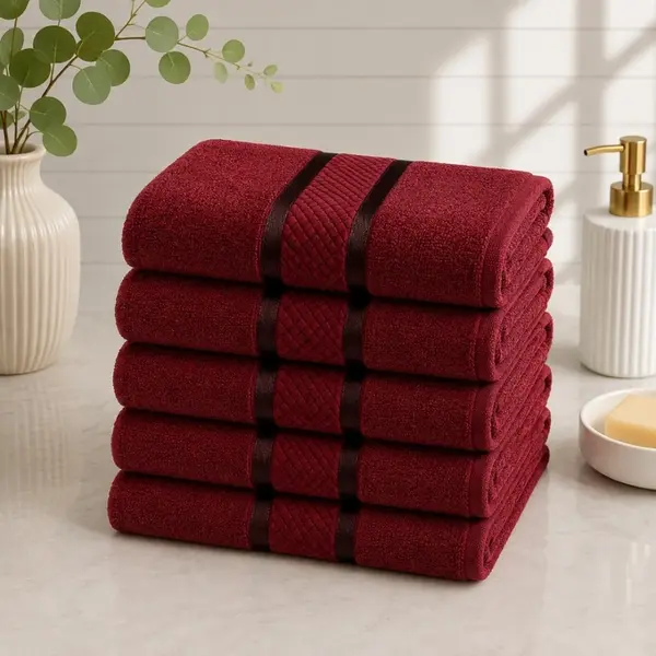 Set 5 prosoape medii, Line, 50x90cm, din 100% bumbac pakistanez, 400g, Rosu Grena