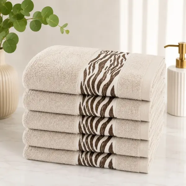 Set 5 prosoape medii, Waves, 50x90cm, din 100% bumbac pakistanez, 460g, Bej