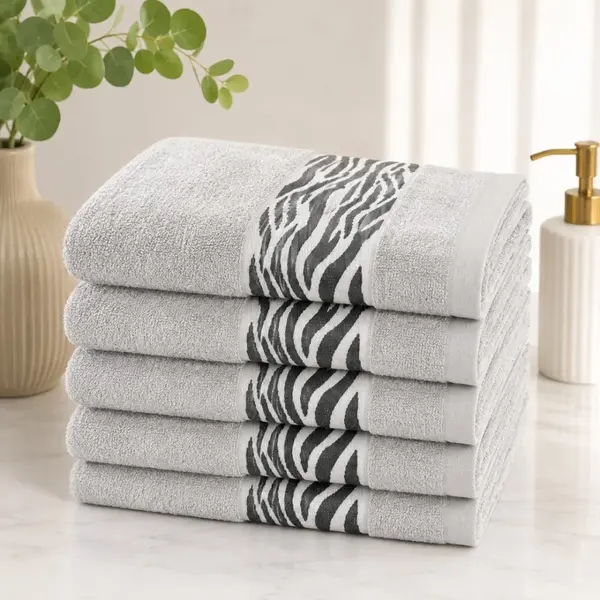 Set 5 prosoape medii, Waves, 50x90cm, din 100% bumbac pakistanez, 460g, Gri deschis