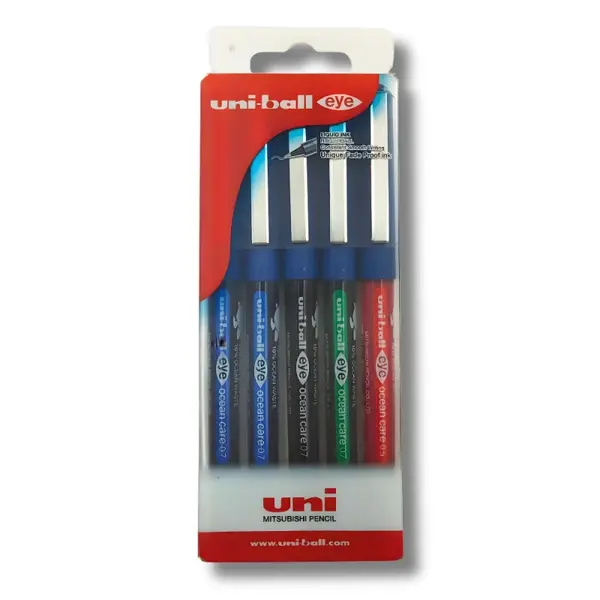 Set 5 Rollere Uni-ball Eye Ocean Care UB-157, 0.7mm, cu capac, 75% din materiale reciclate din care 10% deseuri din oceane