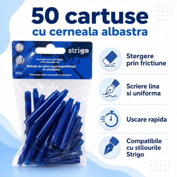 Set 50 rezerve pentru Stiloul cu stergere Strigo cu Cerneala Albastra , stergere prin Frictiune