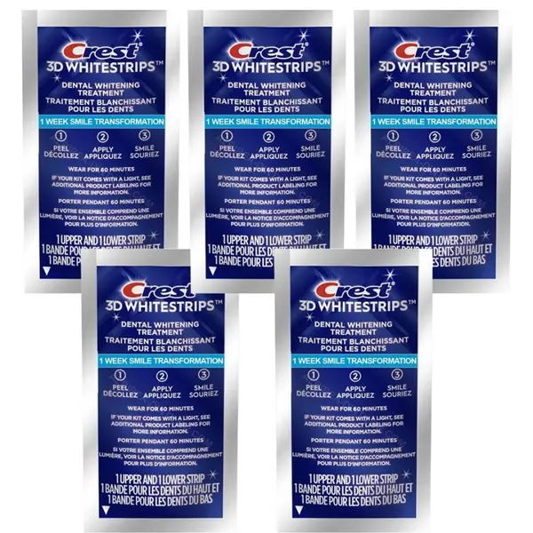 Set 5x Benzi Albirea Dintilor, Crest, 3D White, 1 Week Smile Transformation, 10% Concentratie, Tratament 5 zile, 60 min, Nivel A