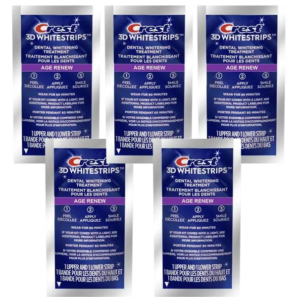 Set 5x Benzi Albirea Dintilor, Crest, 3D White, Age Renew, 14% Concentratie, Tratament 5 zile, 60 min, Nivel Albire 25