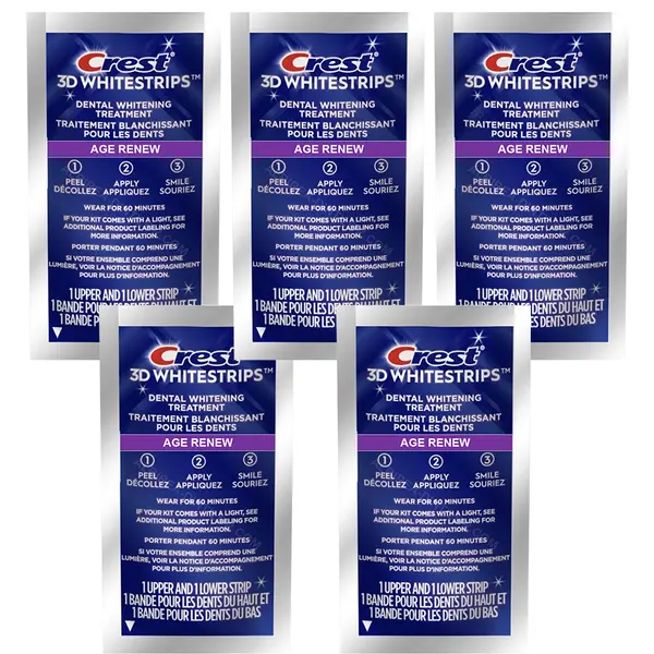 Set 5x Benzi Albirea Dintilor, Crest, 3D White, Age Renew, 14% Concentratie, Tratament 5 zile, 60 min, Nivel Albire 25